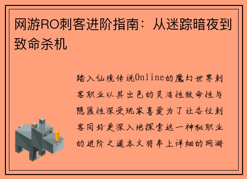 网游RO刺客进阶指南:从迷踪暗夜到致命杀机